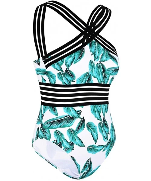 One-Pieces Women's One Piece Swimwear Front Crossover Swimsuits Hollow Bathing Suits Monokinis - Green&white Leaves 2 - CH199...