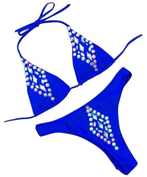 Sets Women Sexy Two Piece Swimsuits Rhinestone Glitter Sequin Bathing Suit Brazilian Bikini Swimwear - Blue - CT18RT9L7M9