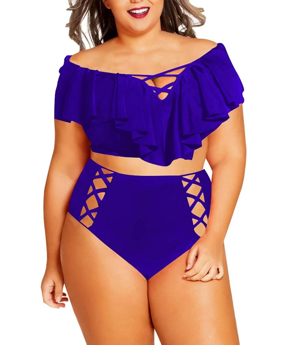 Bottoms Women's Plus Size Swimwear 2 Piece High Waisted Swimsuit Ruffle Bikini - Royal Blue - CK18D0993Q3