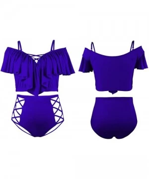 Bottoms Women's Plus Size Swimwear 2 Piece High Waisted Swimsuit Ruffle Bikini - Royal Blue - CK18D0993Q3