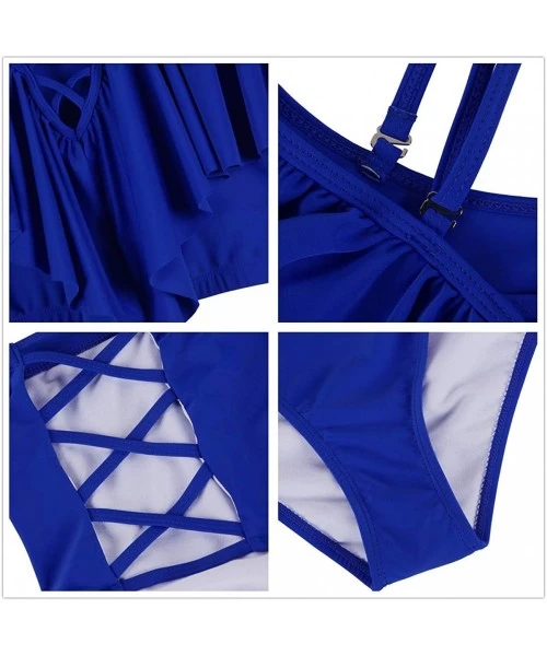 Bottoms Women's Plus Size Swimwear 2 Piece High Waisted Swimsuit Ruffle Bikini - Royal Blue - CK18D0993Q3