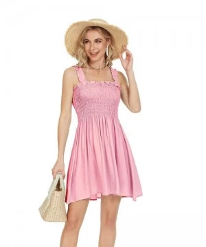 Cover-Ups Women's Cover Up Tie Shoulder Frill Smocked High Waist Dresses Tube Top Beach Mini Dress 6605 - Pink - CB19ERMYO9N