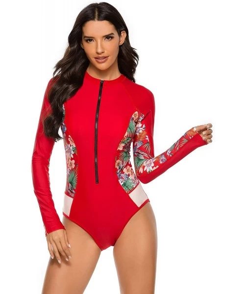 Rash Guards Womens Athletic Training Swimsuit Long Sleeve Rashguard - 2 Red / Green - CU1903K3RAO