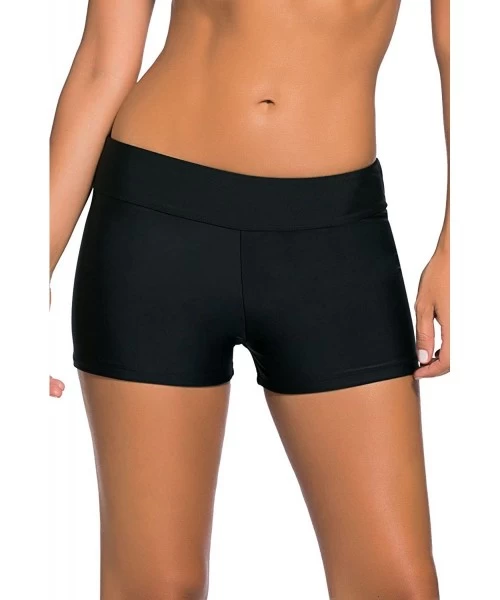 Bottoms Women's Solid Color Wide Waistband Boy Leg Swimsuit Bottom Board Shorts - 584black - C118SX3S7SX