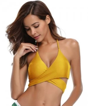 Tankinis Womens Bathing Suits Push Up Halter Bandage Bikini Tops Floral Printing Swim Bottoms - Top Only - Yellow - CI18N7KNE5W