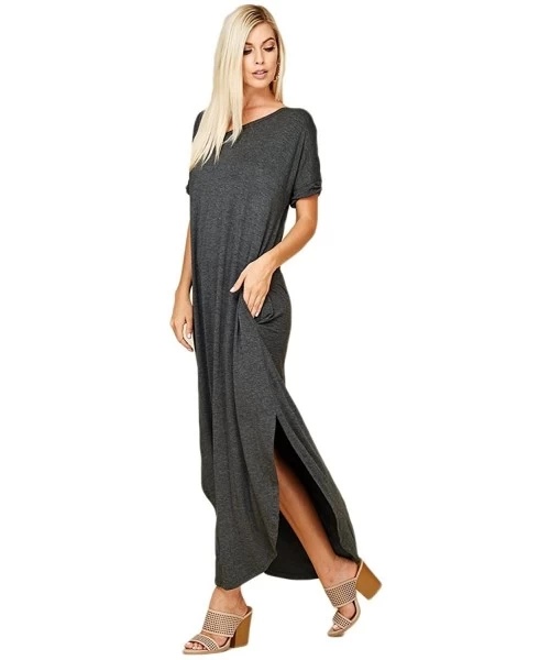 Cover-Ups Women's Long Split Maxi Dress Casual Loose V Neck Short Sleeve Beach with Pockets - Mid Grey - CW18DSW2UDI