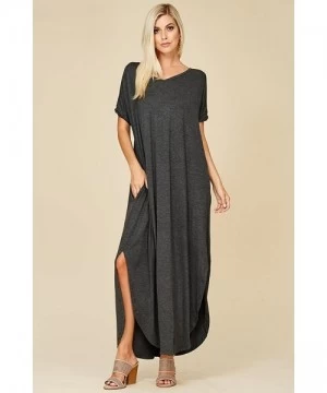 Cover-Ups Women's Long Split Maxi Dress Casual Loose V Neck Short Sleeve Beach with Pockets - Mid Grey - CW18DSW2UDI