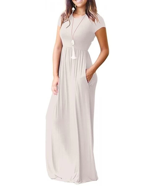 Cover-Ups Women Short Sleeve Dress Loose Solid Plain Maxi Dress Casual Long Party Dress with Pockets Split Summer Dress White...