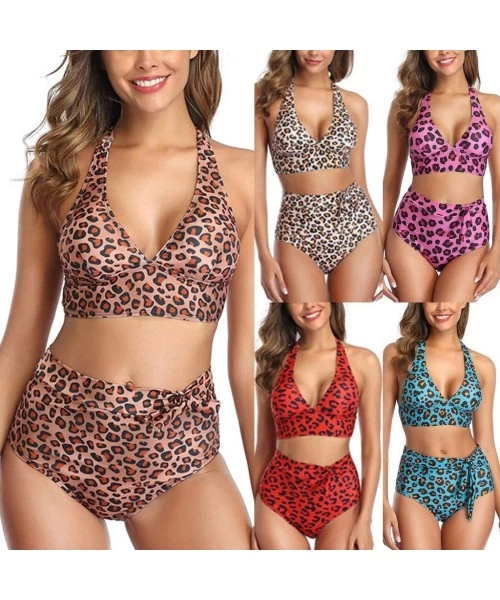 One-Pieces Plus Size Swimsuits for Women- Womens Leopard Print Two Pieces Bathing Suit Top with High Waisted Bottom Bikini Se...