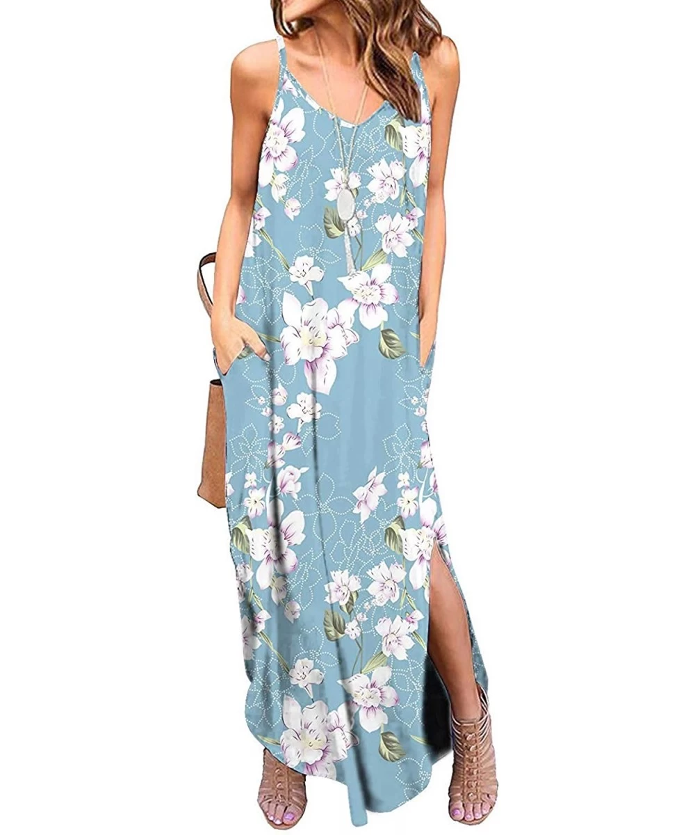 Cover-Ups Summer Casual Maxi Dresses Cover Up Long Cami Sleeveless Beach Dress with Pocket for Women - Floral Light Blue - C4...