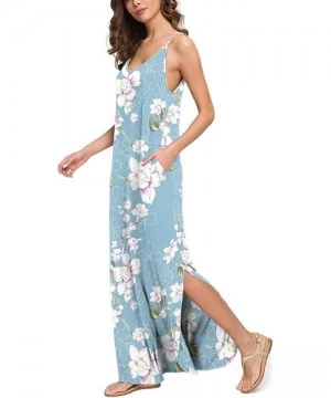 Cover-Ups Summer Casual Maxi Dresses Cover Up Long Cami Sleeveless Beach Dress with Pocket for Women - Floral Light Blue - C4...