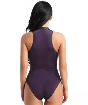 One-Pieces Women's One Piece Silk Mock Neck High Cut Zipper Crotch Thong Leotard Bodysuit Swimwear - Purple - CP18NKGKWGD