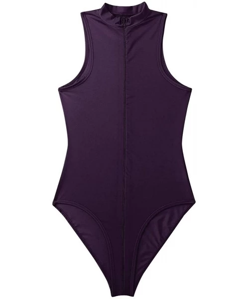 One-Pieces Women's One Piece Silk Mock Neck High Cut Zipper Crotch Thong Leotard Bodysuit Swimwear - Purple - CP18NKGKWGD