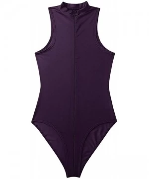 One-Pieces Women's One Piece Silk Mock Neck High Cut Zipper Crotch Thong Leotard Bodysuit Swimwear - Purple - CP18NKGKWGD