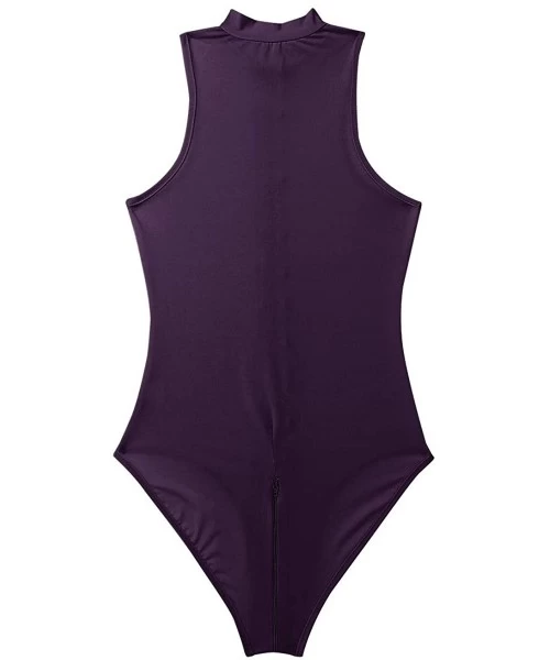 One-Pieces Women's One Piece Silk Mock Neck High Cut Zipper Crotch Thong Leotard Bodysuit Swimwear - Purple - CP18NKGKWGD