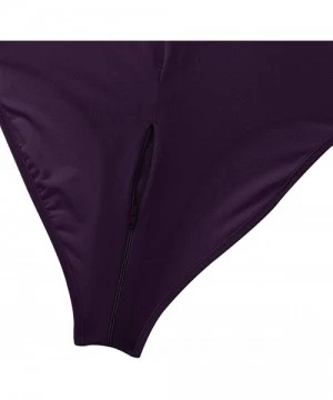 One-Pieces Women's One Piece Silk Mock Neck High Cut Zipper Crotch Thong Leotard Bodysuit Swimwear - Purple - CP18NKGKWGD