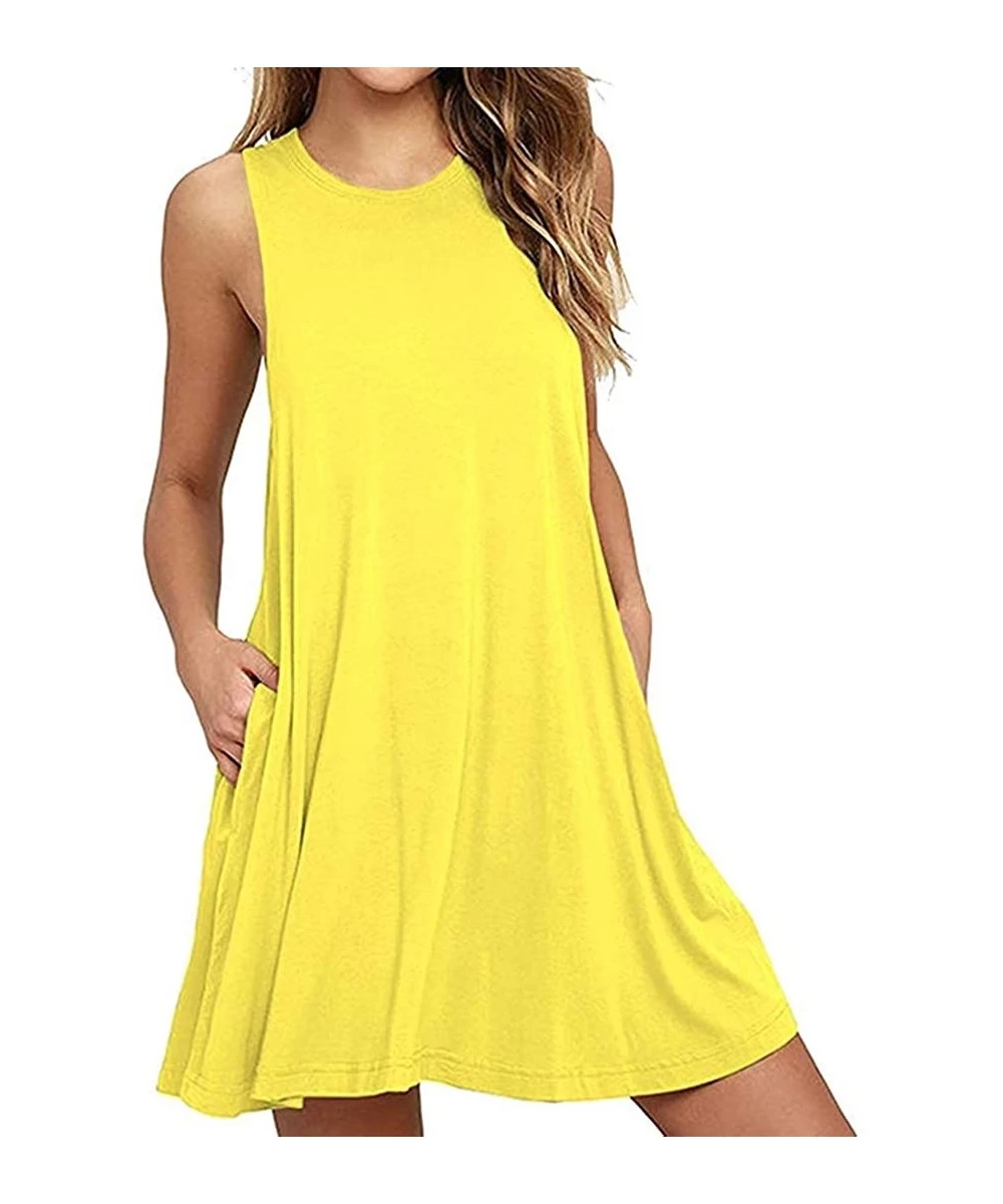 Cover-Ups Womens Summer Sleeveless Beach Dress Loose Swinsuit Sundress with Pockets Plus Size - Yellow - CO18WEE0Q2O