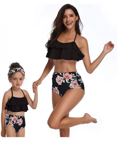 Sets Girls One Piece Swimsuits Hawaiian Ruffle Swimwear Beach Bathing Suit 2-14 Years - Black + Floral 01 - CU1966QZNEO