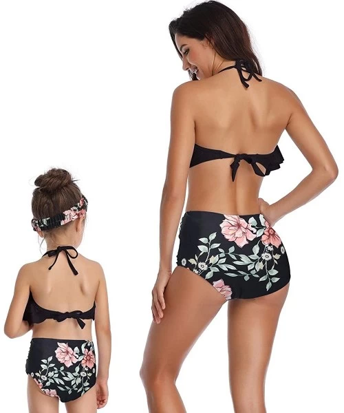 Sets Girls One Piece Swimsuits Hawaiian Ruffle Swimwear Beach Bathing Suit 2-14 Years - Black + Floral 01 - CU1966QZNEO