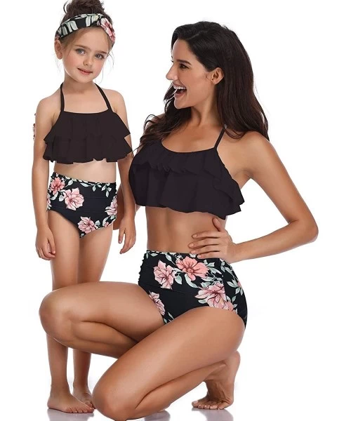 Sets Girls One Piece Swimsuits Hawaiian Ruffle Swimwear Beach Bathing Suit 2-14 Years - Black + Floral 01 - CU1966QZNEO