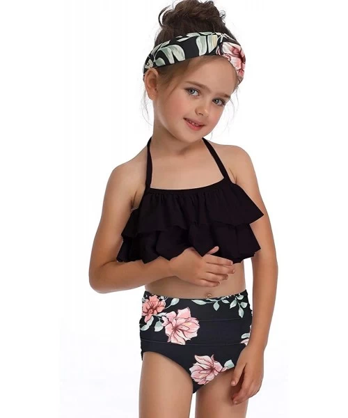 Sets Girls One Piece Swimsuits Hawaiian Ruffle Swimwear Beach Bathing Suit 2-14 Years - Black + Floral 01 - CU1966QZNEO