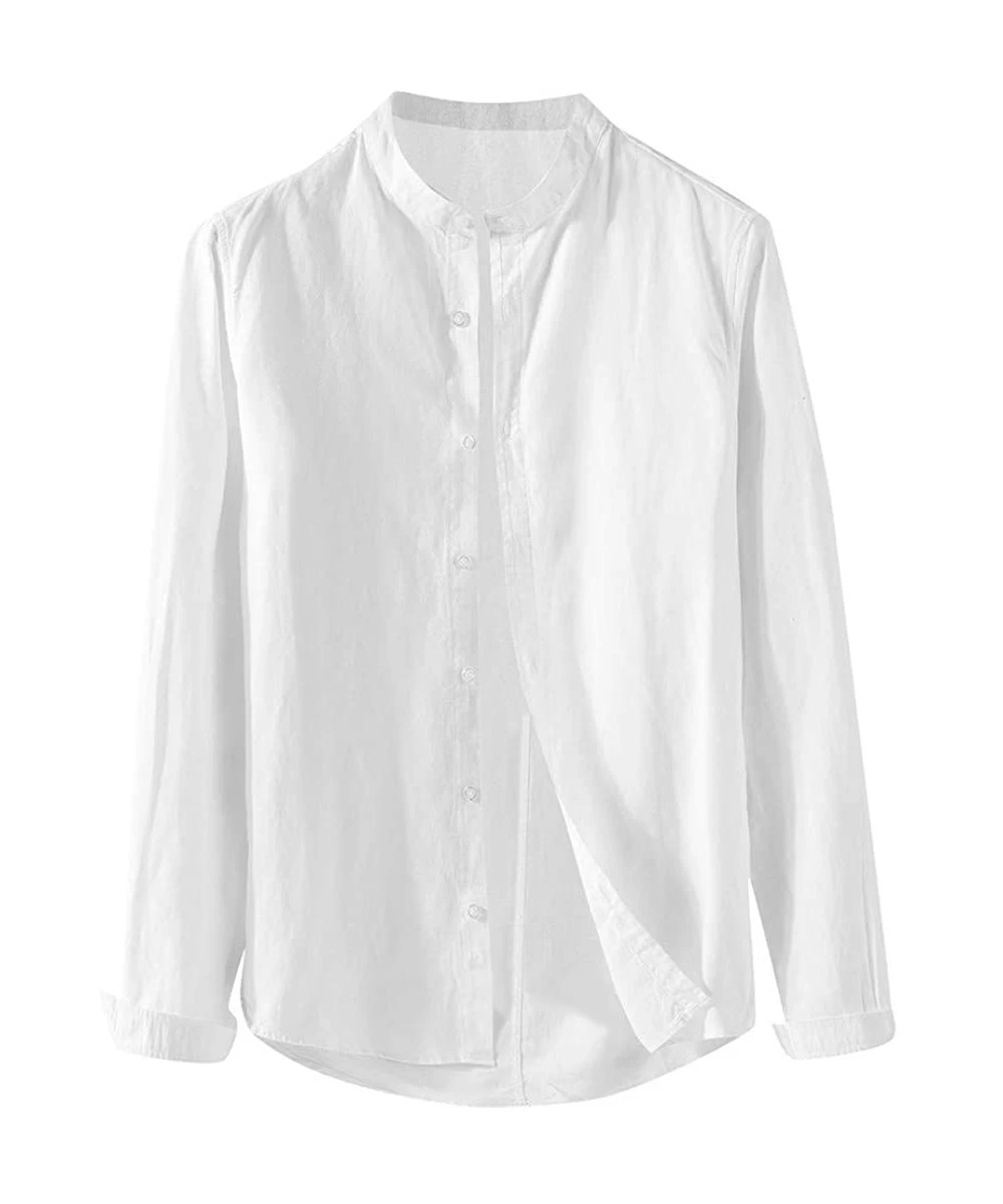 Rash Guards Tops Mens Causal Shirt Long Sleeve Button Cotton Linen Solid Color Loose Blouse - White - CC18YLS0NK3