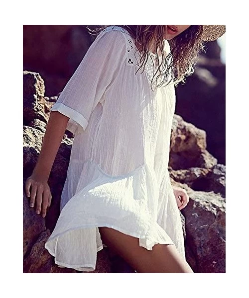 Cover-Ups Women's Cotton Beach Cover Up Dress Swimwear Bikini Swimsuit Cover Ups - White - CB12GN3I4XJ