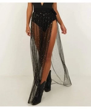 Cover-Ups Women Sexy See-Through Maxi Skirt Slit Sheer Mesh Maxi Skirt Dress Summer Beachwear Bikini Cover Up - Black-1 - CG1...