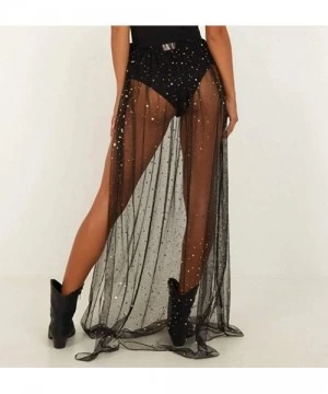 Cover-Ups Women Sexy See-Through Maxi Skirt Slit Sheer Mesh Maxi Skirt Dress Summer Beachwear Bikini Cover Up - Black-1 - CG1...