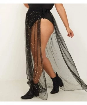 Cover-Ups Women Sexy See-Through Maxi Skirt Slit Sheer Mesh Maxi Skirt Dress Summer Beachwear Bikini Cover Up - Black-1 - CG1...