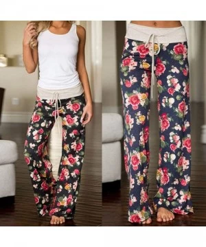 Tankinis Women's Comfy Casual Pajama Pants Floral Print Drawstring Palazzo Lounge Pants Wide Leg - D-black - CH1947D8C43