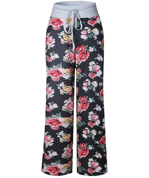 Tankinis Women's Comfy Casual Pajama Pants Floral Print Drawstring Palazzo Lounge Pants Wide Leg - D-black - CH1947D8C43