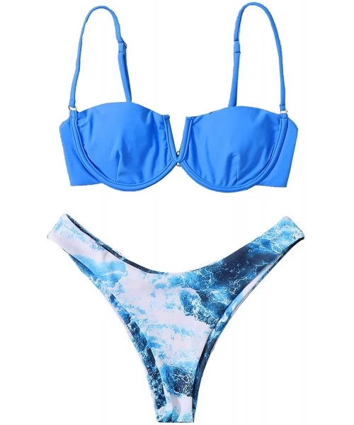 Tops Women's Floral Print Underwire Cami Top with High Cut Bikini Set - Blue-2 - CG199U6TYYI