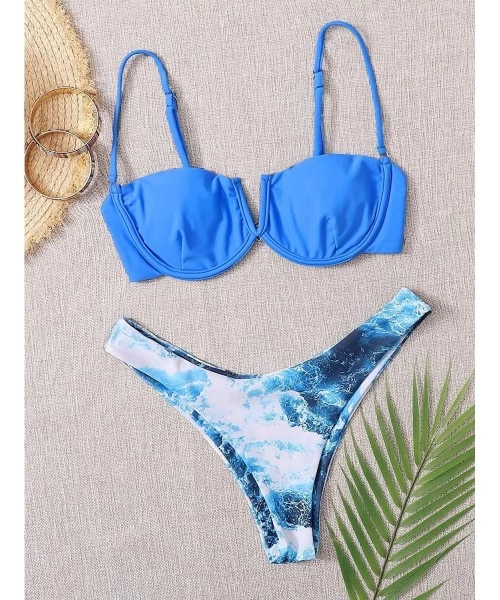 Tops Women's Floral Print Underwire Cami Top with High Cut Bikini Set - Blue-2 - CG199U6TYYI