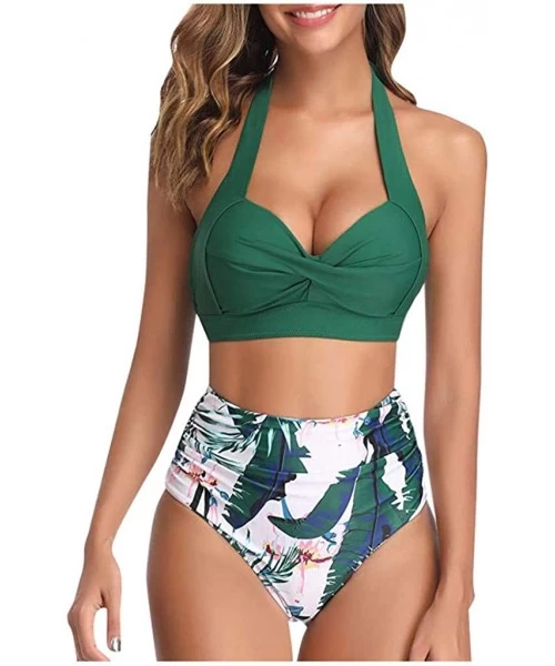 Board Shorts Women High Waist Bikini Push Up Bikinis Print Swimsuit Female Beachwear Swimwear - V-dark Green - CG1962GMCAK