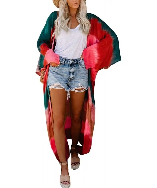 Cover-Ups Women's Summer Long Flowy Kimono Cardigans Boho Chiffon Floral Beach Cover Up Tops - B-rainbow2/Cotton - CW1963ZC5LE