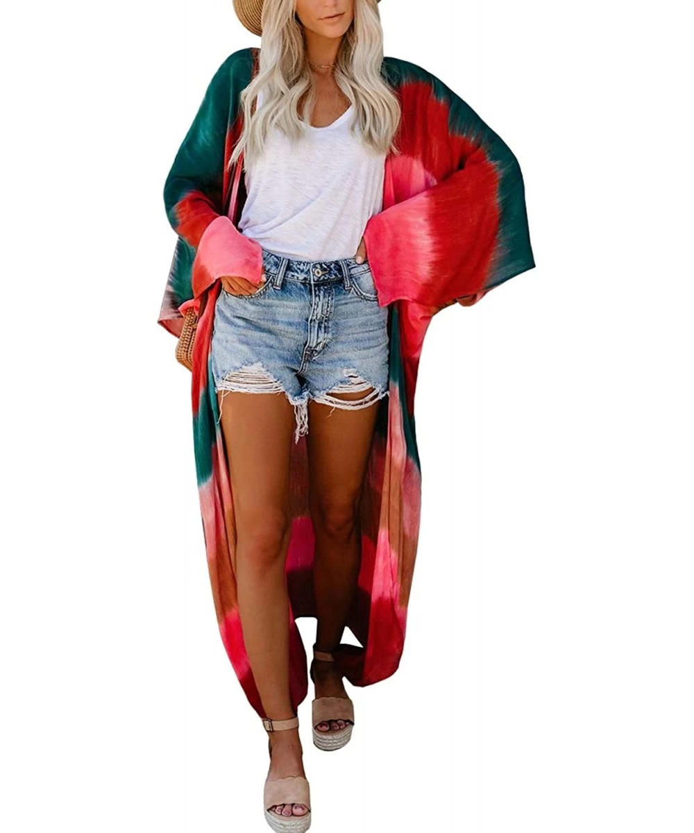 Cover-Ups Women's Summer Long Flowy Kimono Cardigans Boho Chiffon Floral Beach Cover Up Tops - B-rainbow2/Cotton - CW1963ZC5LE