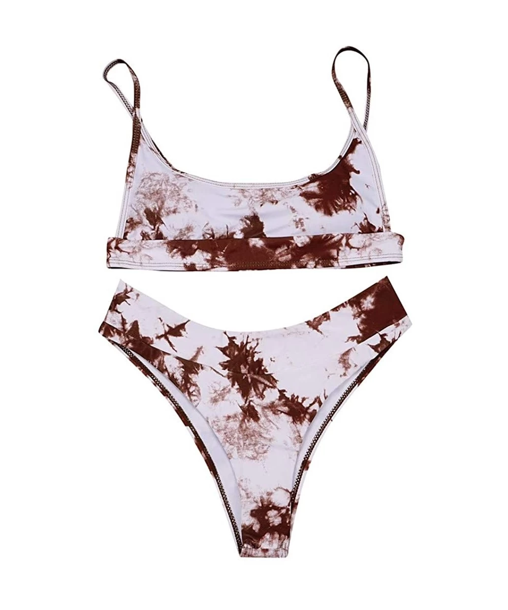 Sets Tie-dye Swimsuits- Women Sexy Print Scoop Neck Push up Padded Brazilian Thong Bikini Set Swimwear - Khaki - CO1905AW3MO