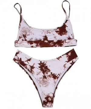 Sets Tie-dye Swimsuits- Women Sexy Print Scoop Neck Push up Padded Brazilian Thong Bikini Set Swimwear - Khaki - CO1905AW3MO