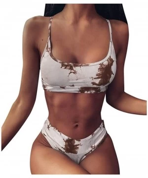 Sets Tie-dye Swimsuits- Women Sexy Print Scoop Neck Push up Padded Brazilian Thong Bikini Set Swimwear - Khaki - CO1905AW3MO