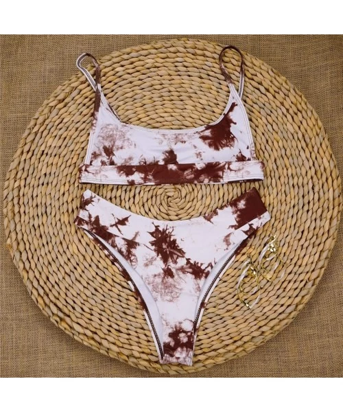 Sets Tie-dye Swimsuits- Women Sexy Print Scoop Neck Push up Padded Brazilian Thong Bikini Set Swimwear - Khaki - CO1905AW3MO