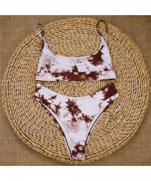 Sets Tie-dye Swimsuits- Women Sexy Print Scoop Neck Push up Padded Brazilian Thong Bikini Set Swimwear - Khaki - CO1905AW3MO