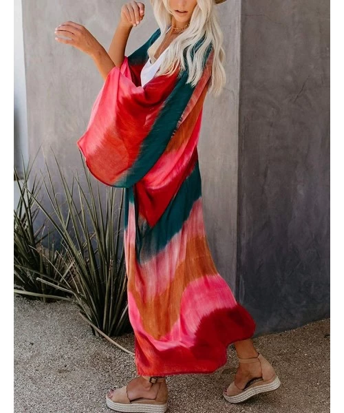 Cover-Ups Women's Summer Long Flowy Kimono Cardigans Boho Chiffon Floral Beach Cover Up Tops - B-rainbow2/Cotton - CW1963ZC5LE