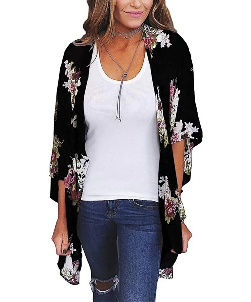 Cover-Ups Womens Kimono Cardigan Sheer Chiffon Cover up Floral Print Capes Loose Blouse Tops Cover ups - P13 - C6193XEDT2Z