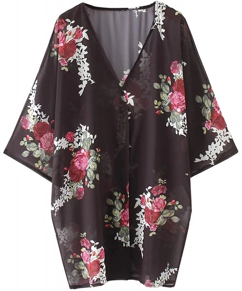 Cover-Ups Womens Kimono Cardigan Sheer Chiffon Cover up Floral Print Capes Loose Blouse Tops Cover ups - P13 - C6193XEDT2Z