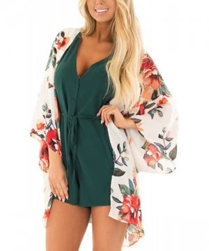 Cover-Ups Women's Floral Print Kimono Cardigan Sheer Chiffon Beach Cover Up Casual Loose Blouse Top - A0 Floral/ White 2 - CX...