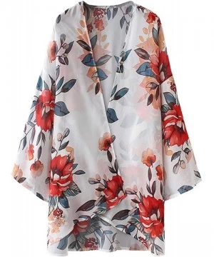 Cover-Ups Women's Floral Print Kimono Cardigan Sheer Chiffon Beach Cover Up Casual Loose Blouse Top - A0 Floral/ White 2 - CX...