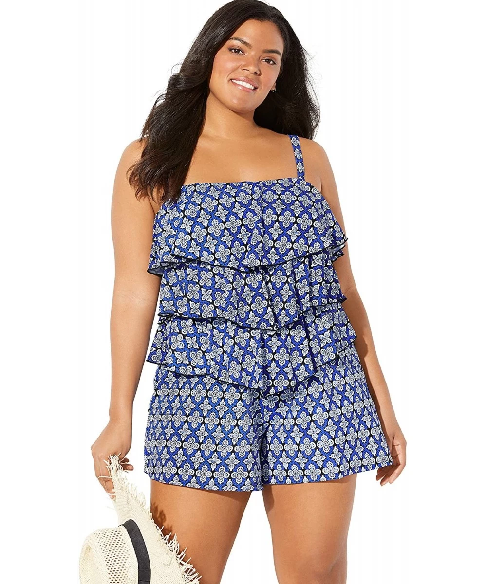 One-Pieces Women's Plus Size Bandeau Swim Romper Swimsuit - Medallion Blue (1202) - CQ197SXT84K