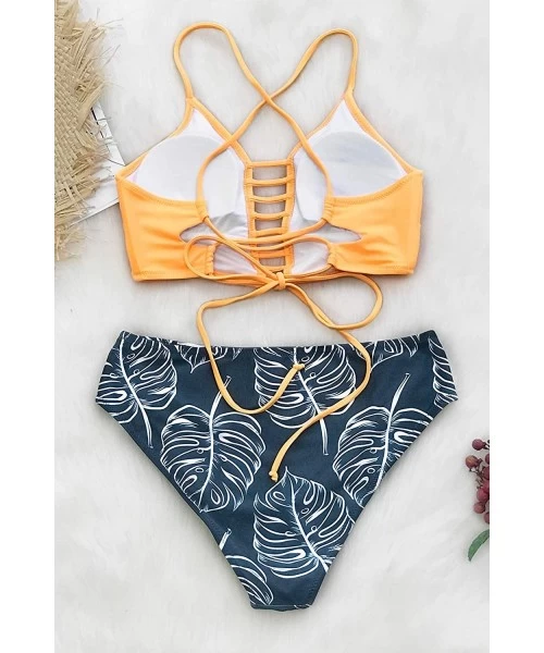 Sets Women's Mid Waisted Bikini Set Lace Up Two Piece Swimsuits - Orange Dark Blue - C818M0MAS7Y