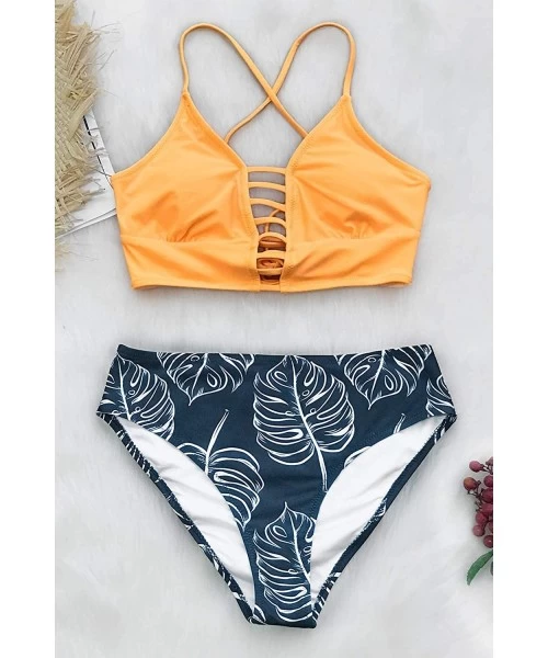 Sets Women's Mid Waisted Bikini Set Lace Up Two Piece Swimsuits - Orange Dark Blue - C818M0MAS7Y